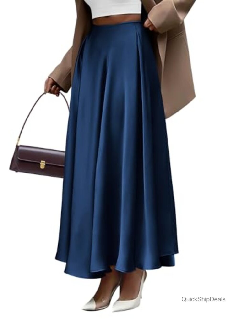 Satin Maxi Skirt High Waist A-Line Pleated Flowy Long Skirt